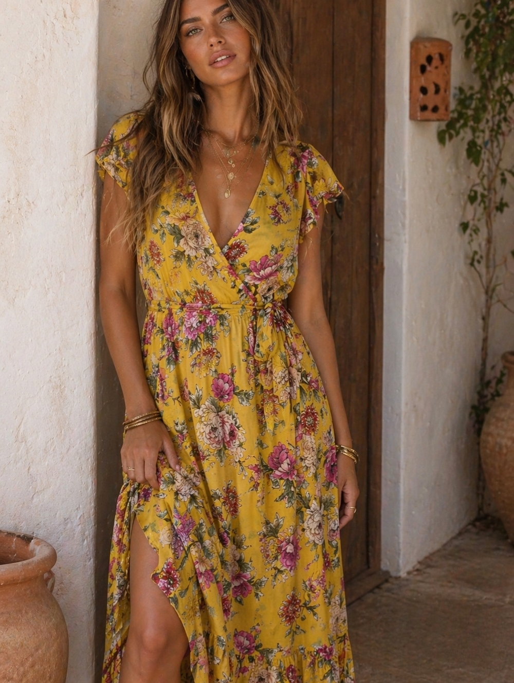 Band Of Gypsies Maxi Dress Yellow Floral Flutter Cap Sleeves V-Neck SZ: XL